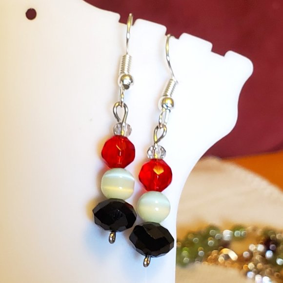 Silver Tone Hook Glass and Cat's Eye Bead Earrings